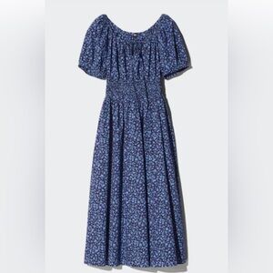 Uniqlo Boho  Navy Floral Smocked Cotton Midi Dress Medium